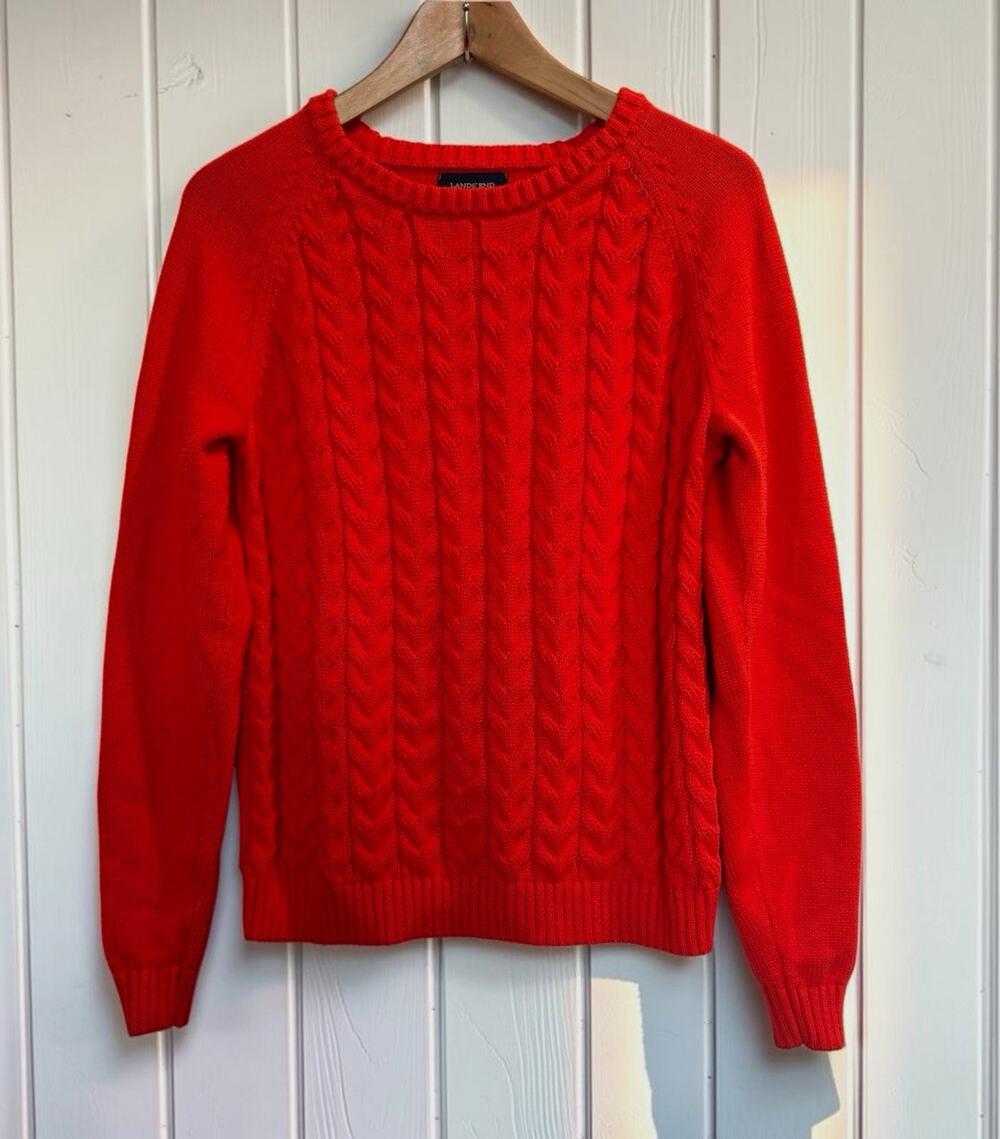 Lands' End Boys Drifter Orange Cable-Knit Crewneck Cotton Sweater Size L Fall